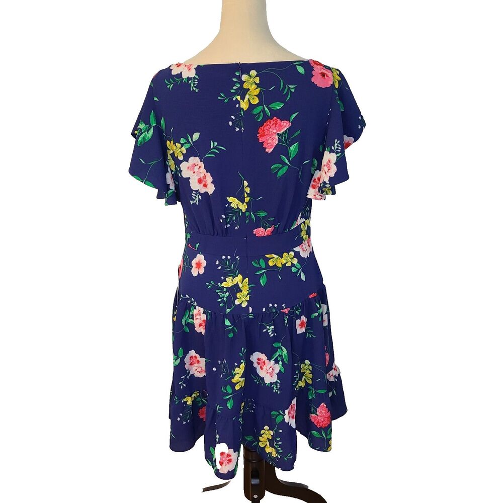 Eliza J Flutter Sleeve Floral Dress Sz 10 Navy Tiered Ruffle Hem Boho Event NWOT - Picture 3 of 10